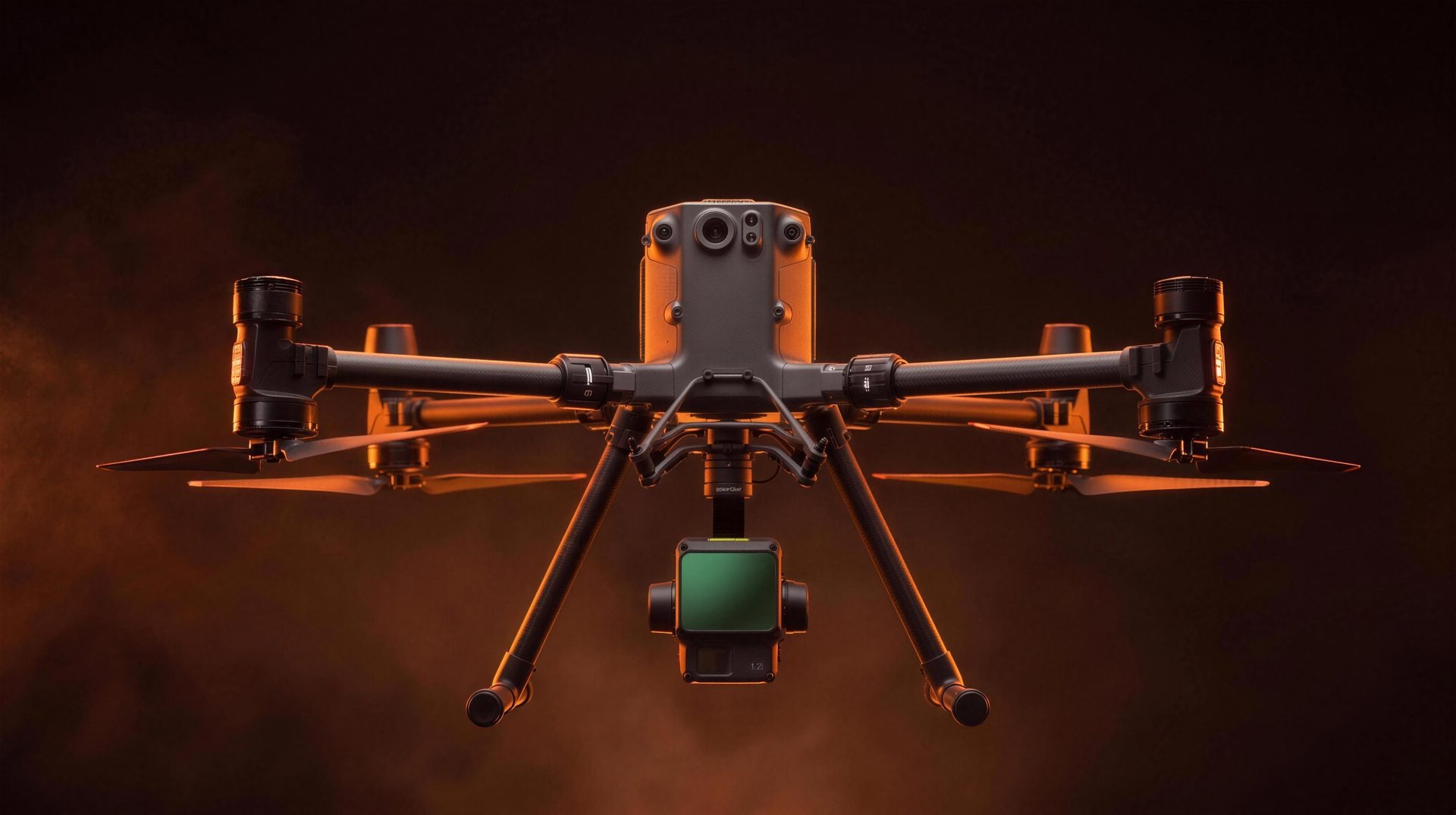 DJI Matrice 350 RTK drone in flight against a dark sky, edged in orange light